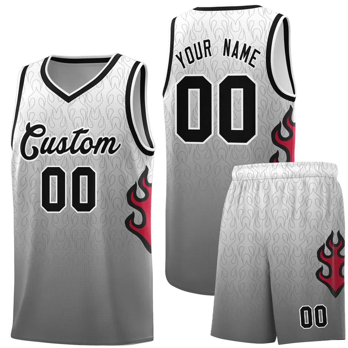 White Dark Gray Black Flame Gradient Basketball Jersey