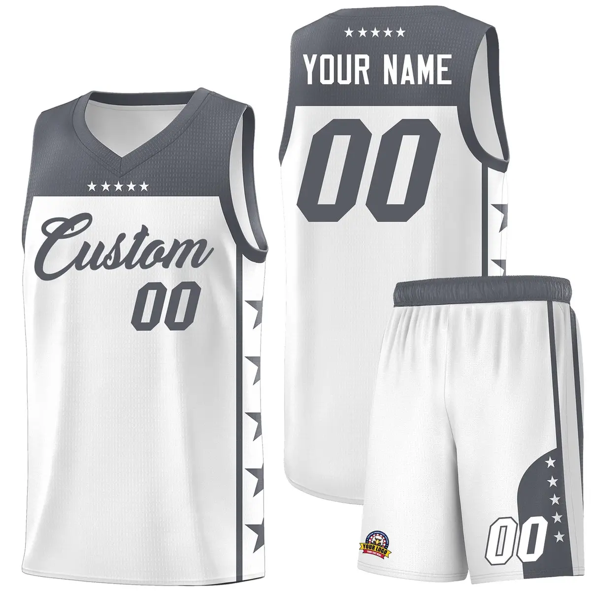 White Dark Gray Star Pattern Team Basketball Jersey