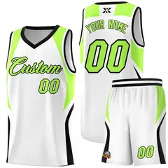 White Fluorescent Green and Black Color Block Basketball Jersey