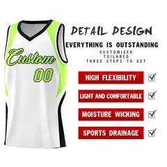 White Fluorescent Green and Black Color Block Basketball Jersey 2