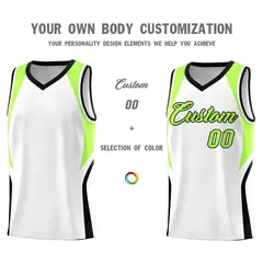 White Fluorescent Green and Black Color Block Basketball Jersey 3