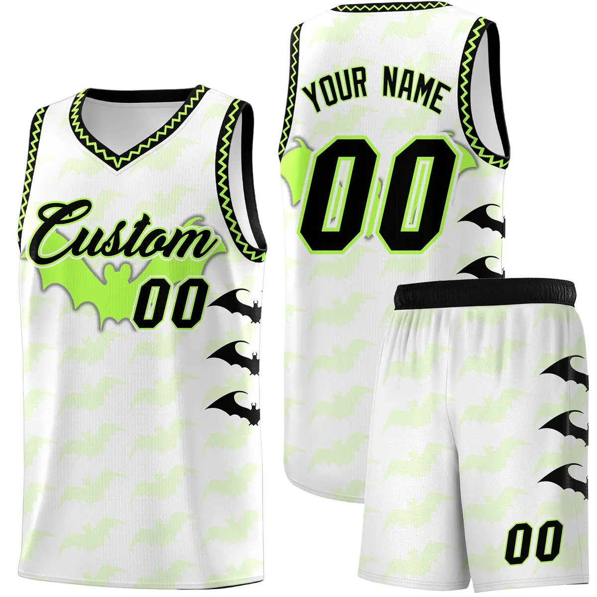 White Fluorescent Green Black Bat Pattern Halloween Basketball Jersey