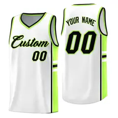 White Fluorescent Green Color Block Varsity Basketball Jersey 1