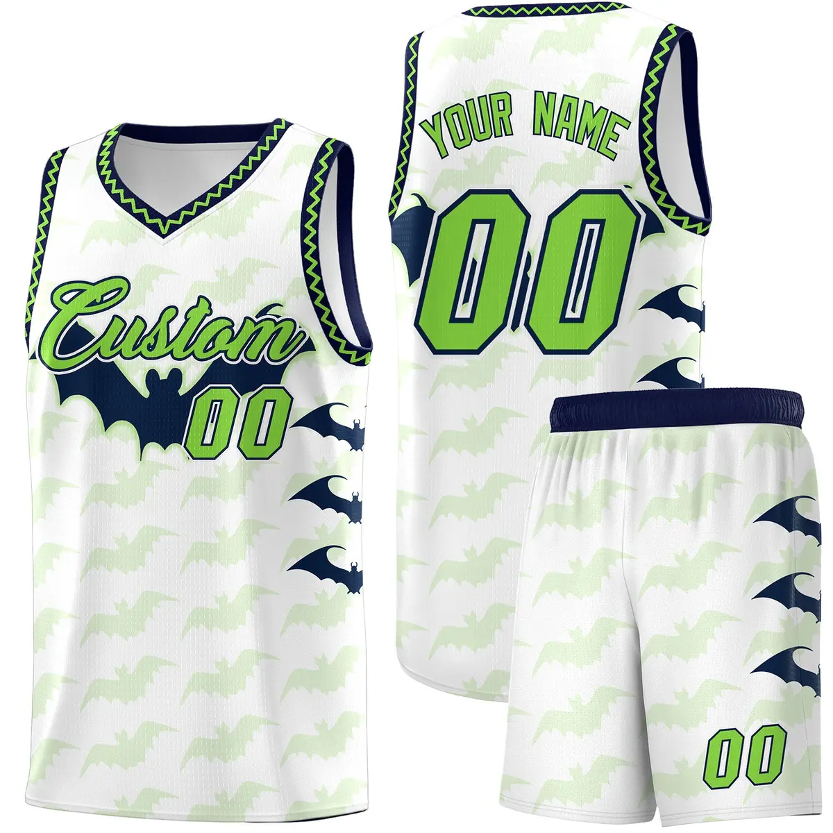 White Fluorescent Green Navy Bat Pattern Halloween Basketball Jersey