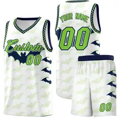 White Fluorescent Green Navy Bat Pattern Halloween Basketball Jersey