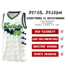 White Fluorescent Green Navy Bat Pattern Halloween Basketball Jersey 2