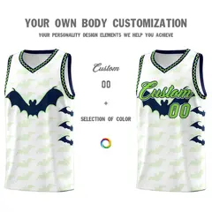 White Fluorescent Green Navy Bat Pattern Halloween Basketball Jersey 3