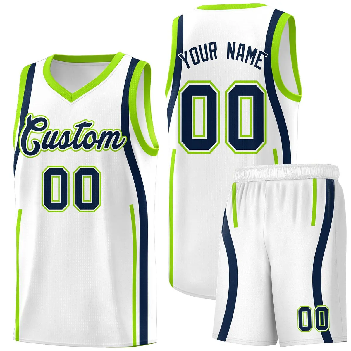 White Fluorescent Green-Navy Ribbon Pattern Basketball Kits