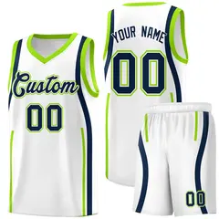 White Fluorescent Green-Navy Ribbon Pattern Basketball Kits 1
