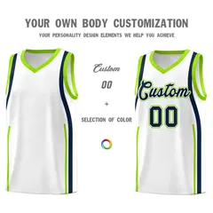 White Fluorescent Green-Navy Ribbon Pattern Basketball Kits 3