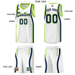 White Fluorescent Green-Navy Ribbon Pattern Basketball Kits 5