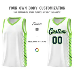 White Fluorescent Green Side Symmetrical Line Pattern Basketball Jersey 3