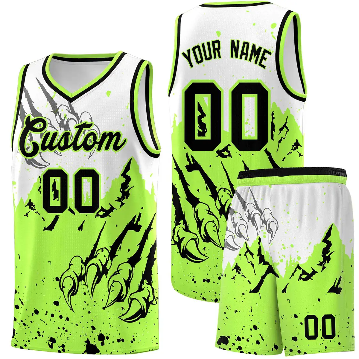 White Fluorescent Green Snow Mountain Beast Pattern Basketball Jersey