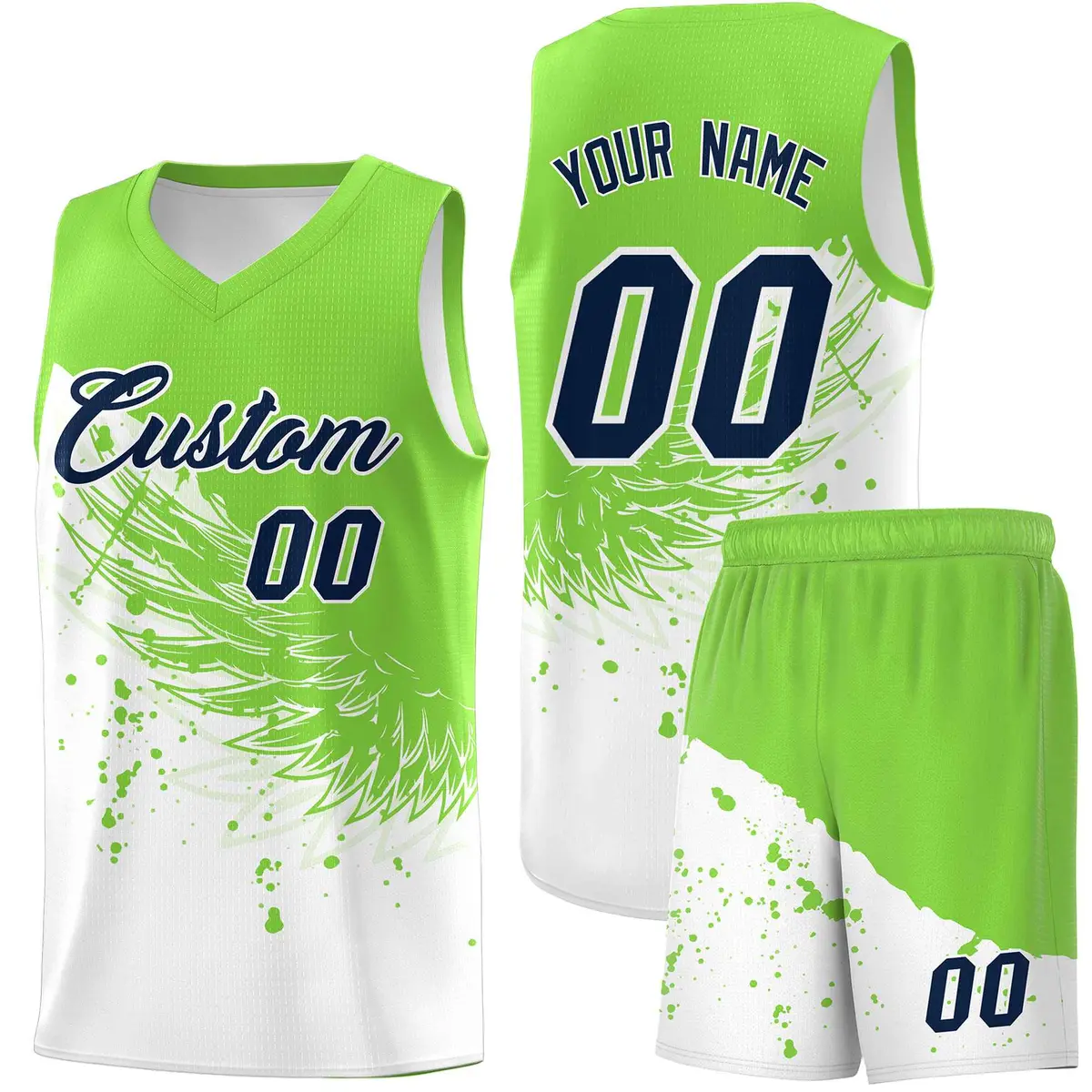White Fluorescent Green Wing Pattern Basketball Jersey