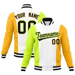 White Fluorescent Green Yellow Color Block Varsity Letterman Jacket