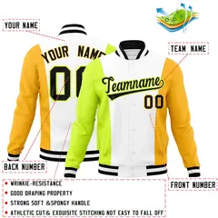 White Fluorescent Green Yellow Color Block Varsity Letterman Jacket 2