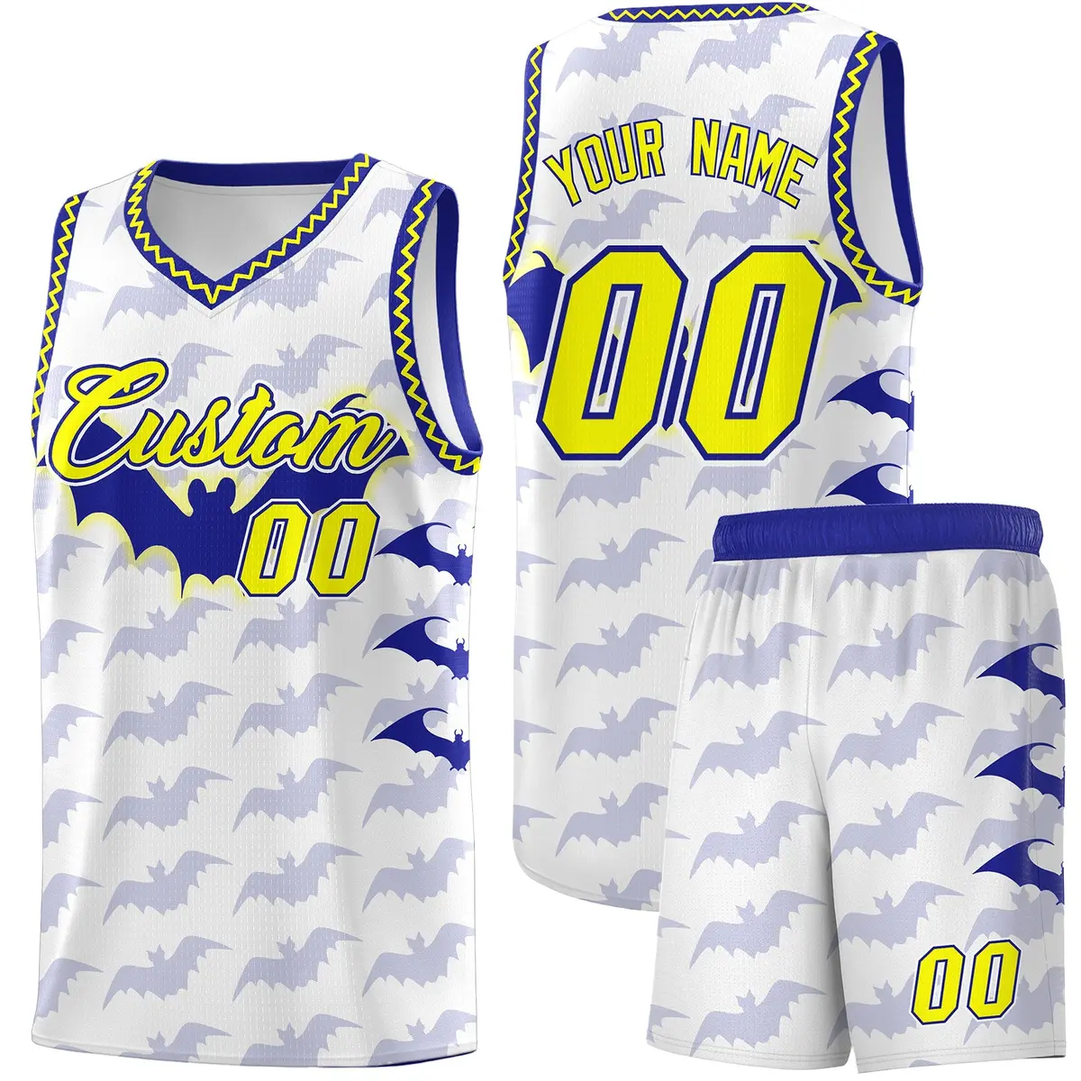 White Fluorescent Yellow Bat Pattern Halloween Basketball Jersey