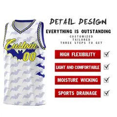 White Fluorescent Yellow Bat Pattern Halloween Basketball Jersey 2
