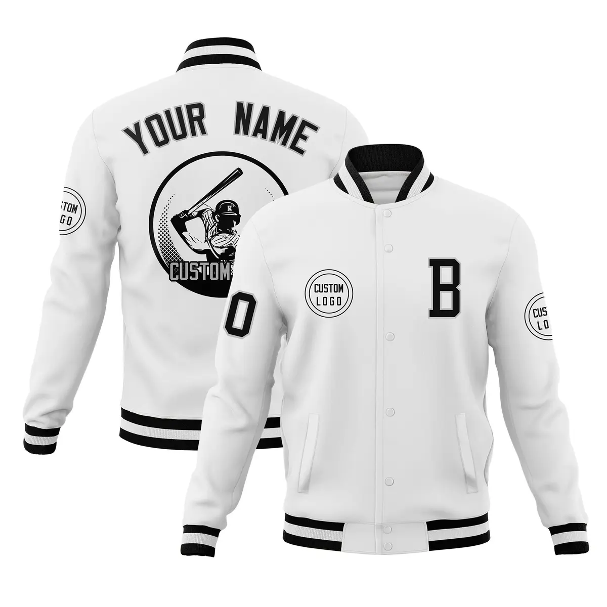 White Full-Snap Varsity Letterman Baseball Jacket Coat