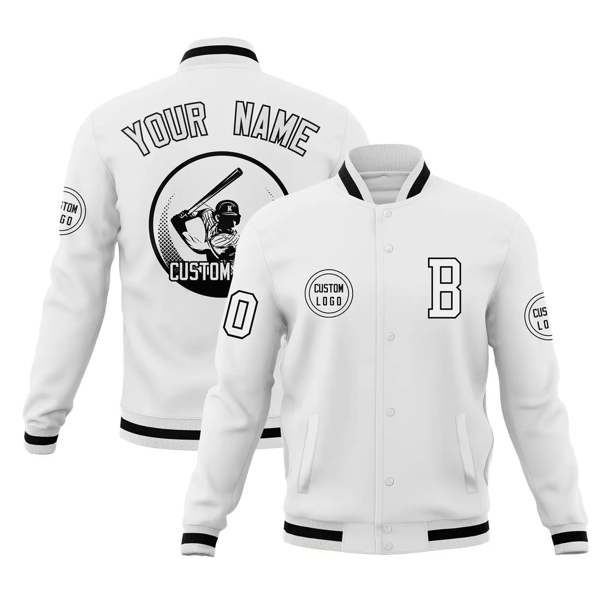 White Full-Snap Varsity Letterman Baseball Jacket Coat