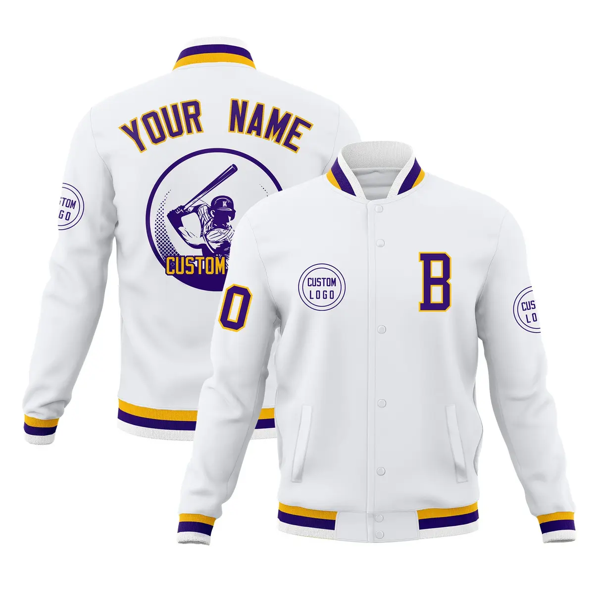 White Full-Snap Varsity Letterman Baseball Jacket Coat