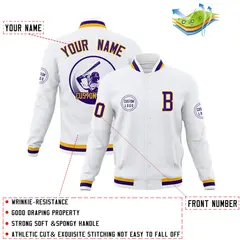 White Full-Snap Varsity Letterman Baseball Jacket Coat 4
