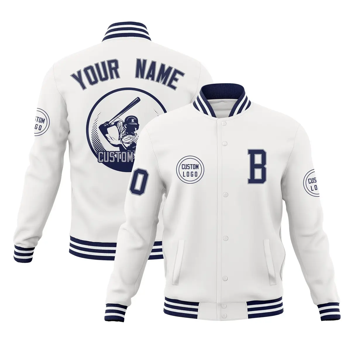 White Full-Snap Varsity Letterman Baseball Jacket Coat
