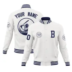 White Full-Snap Varsity Letterman Baseball Jacket Coat