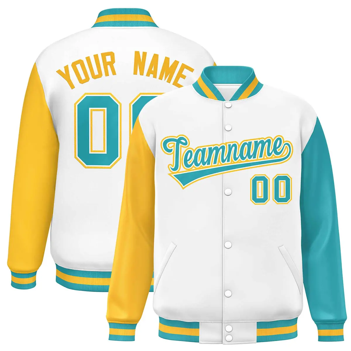 White Gold-Aqua Raglan Varsity Letterman Baseball Jacket