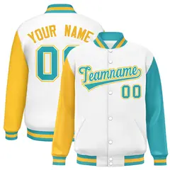 White Gold-Aqua Raglan Varsity Letterman Baseball Jacket