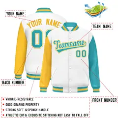 White Gold-Aqua Raglan Varsity Letterman Baseball Jacket 2