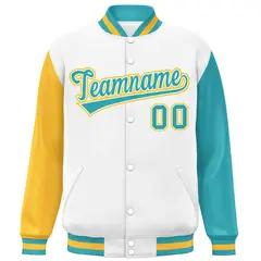 White Gold-Aqua Raglan Varsity Letterman Baseball Jacket 3