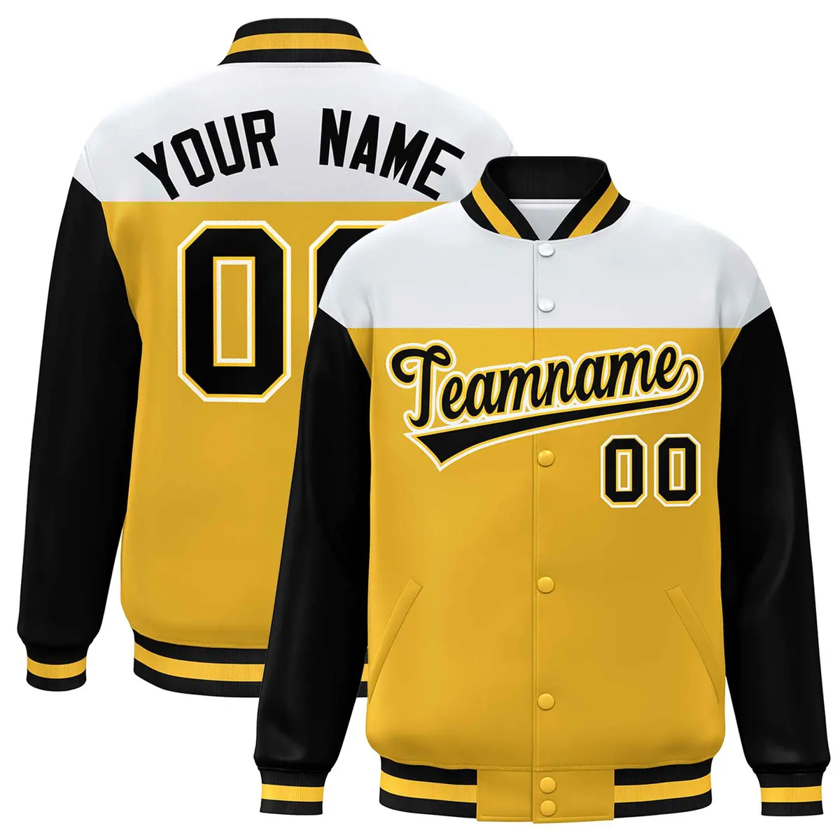 White Gold-Black Color Block Letterman Varsity Baseball Jacket