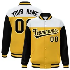 White Gold-Black Color Block Letterman Varsity Baseball Jacket