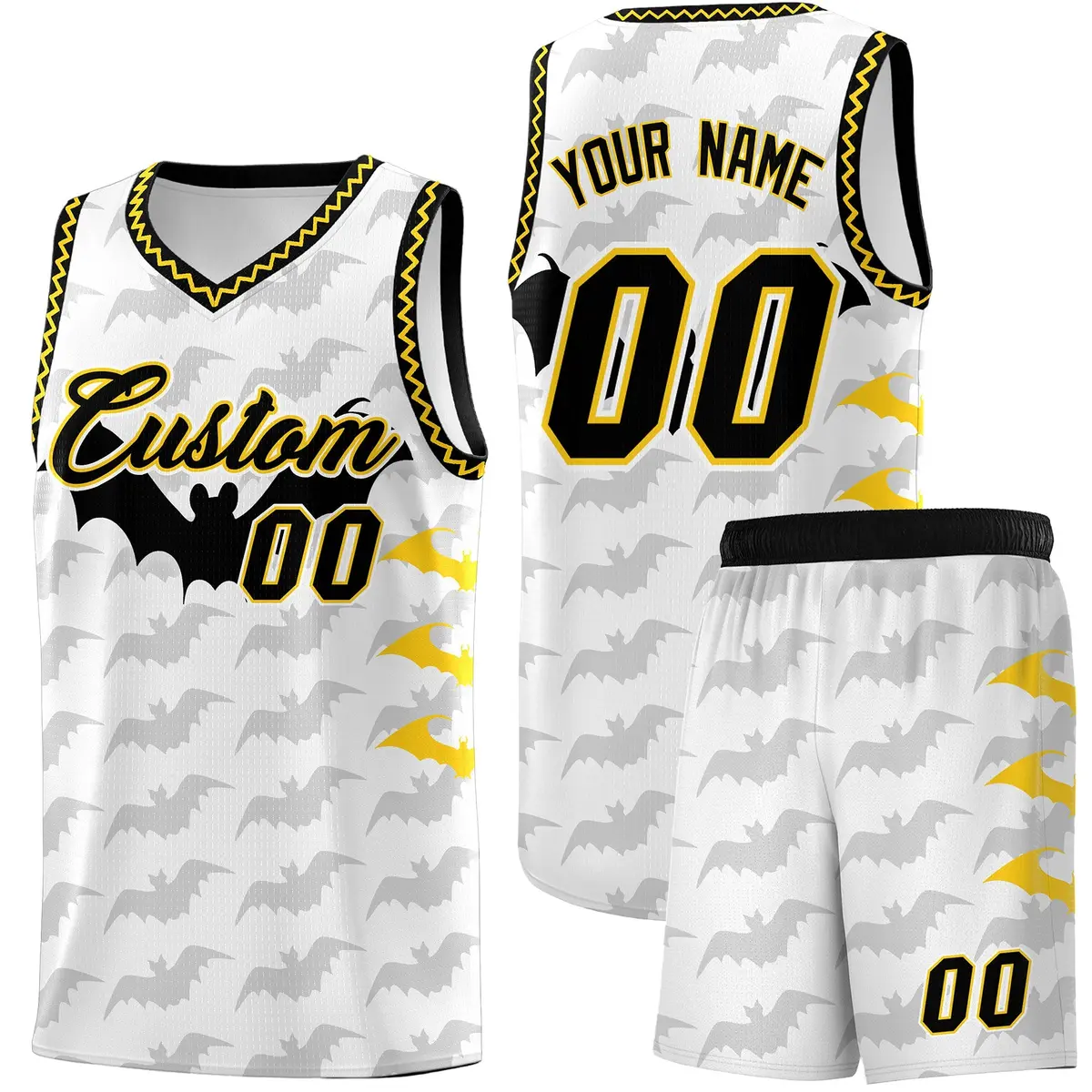 White Gold Black Halloween Bat Pattern Basketball Jersey