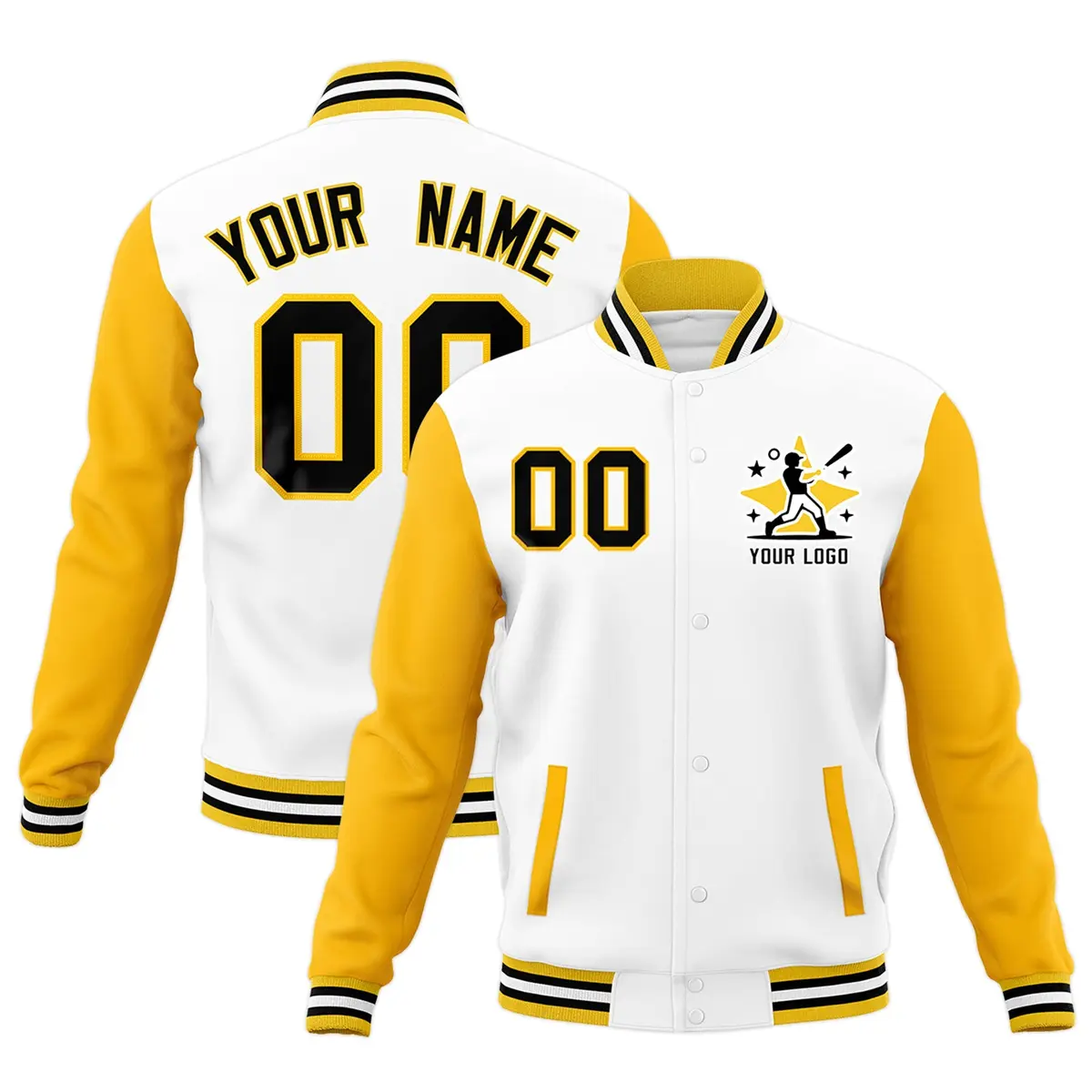 White Gold Black Raglan Full-Snap Letterman Cotton Jacket