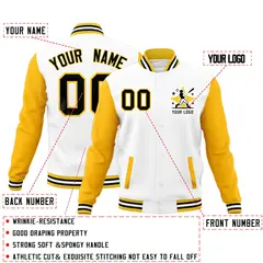 White Gold Black Raglan Full-Snap Letterman Cotton Jacket 2