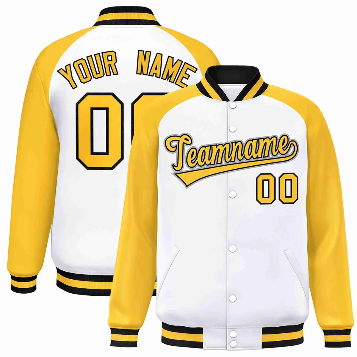 White Gold-Black Raglan Varsity Letterman Full-Snap Jacket