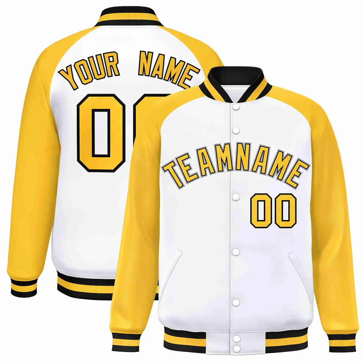 White Gold-Black Raglan Varsity Letterman Full-Snap Jacket