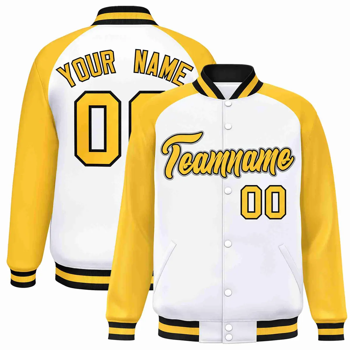 White Gold-Black Raglan Varsity Letterman Full-Snap Jacket