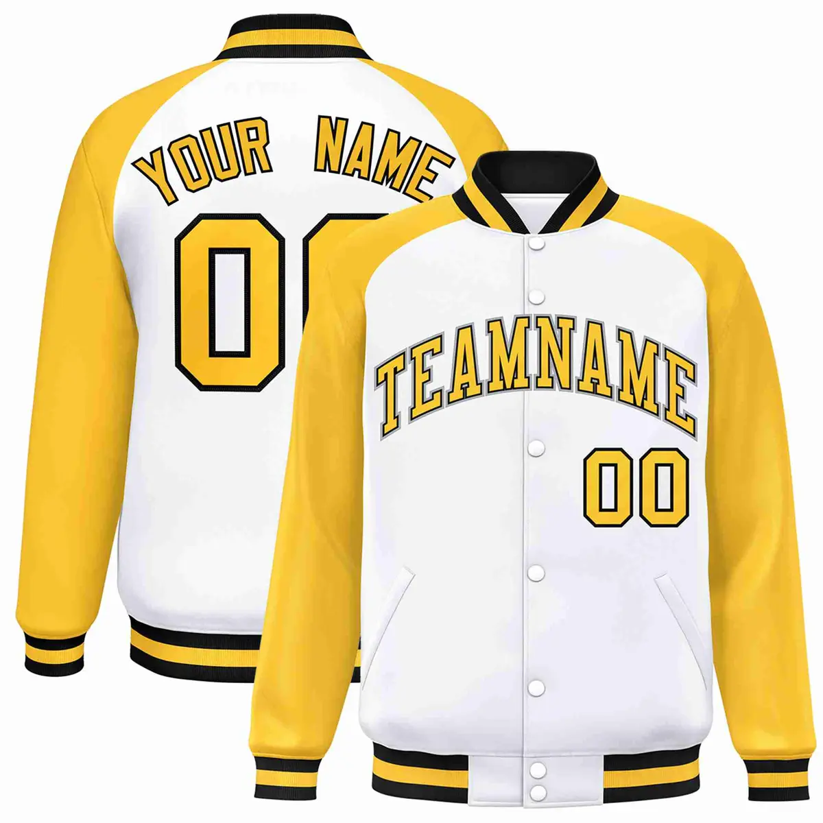 White Gold-Black Raglan Varsity Letterman Full-Snap Jacket