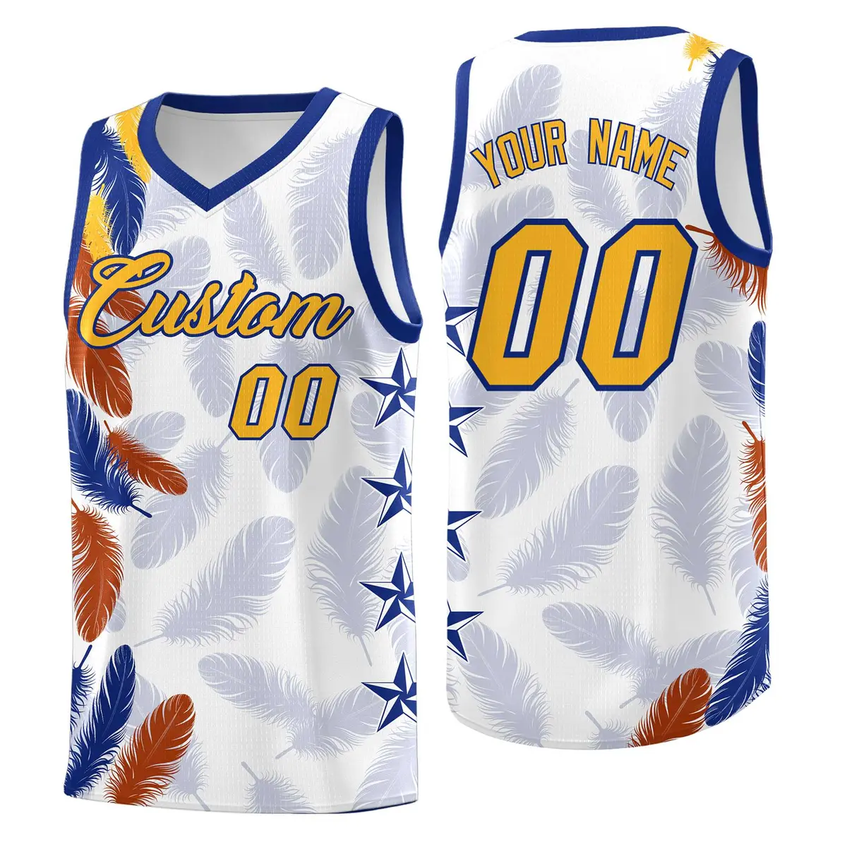 White Gold Feather Graffiti Pattern Basketball Jersey