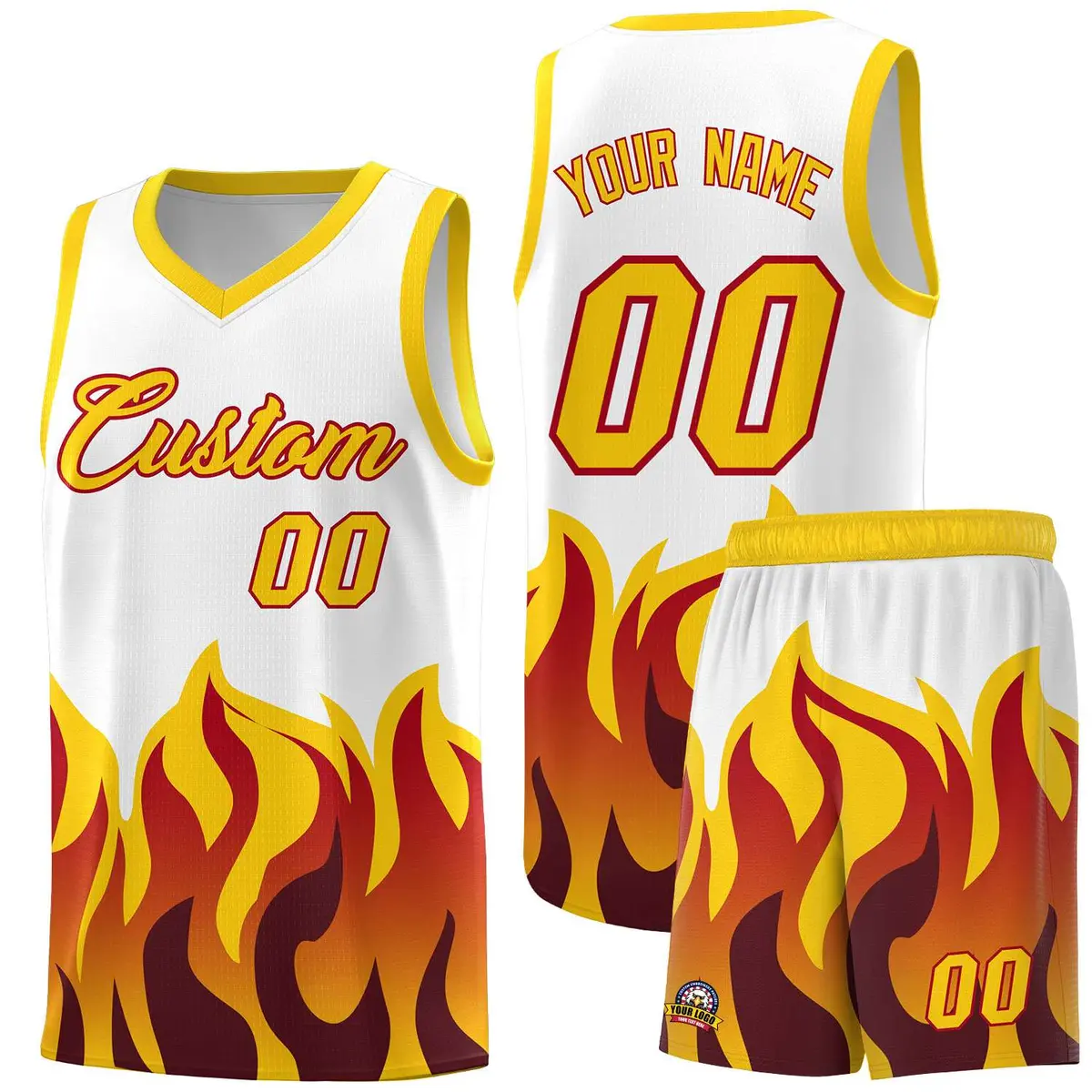White Gold Flame Pattern Sports Basketball Jersey
