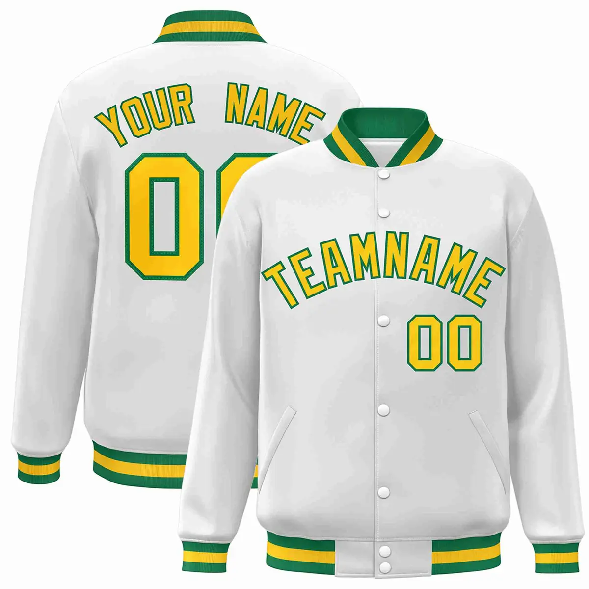 White Gold-Green Classic Varsity Full-Snap Letterman Jacket
