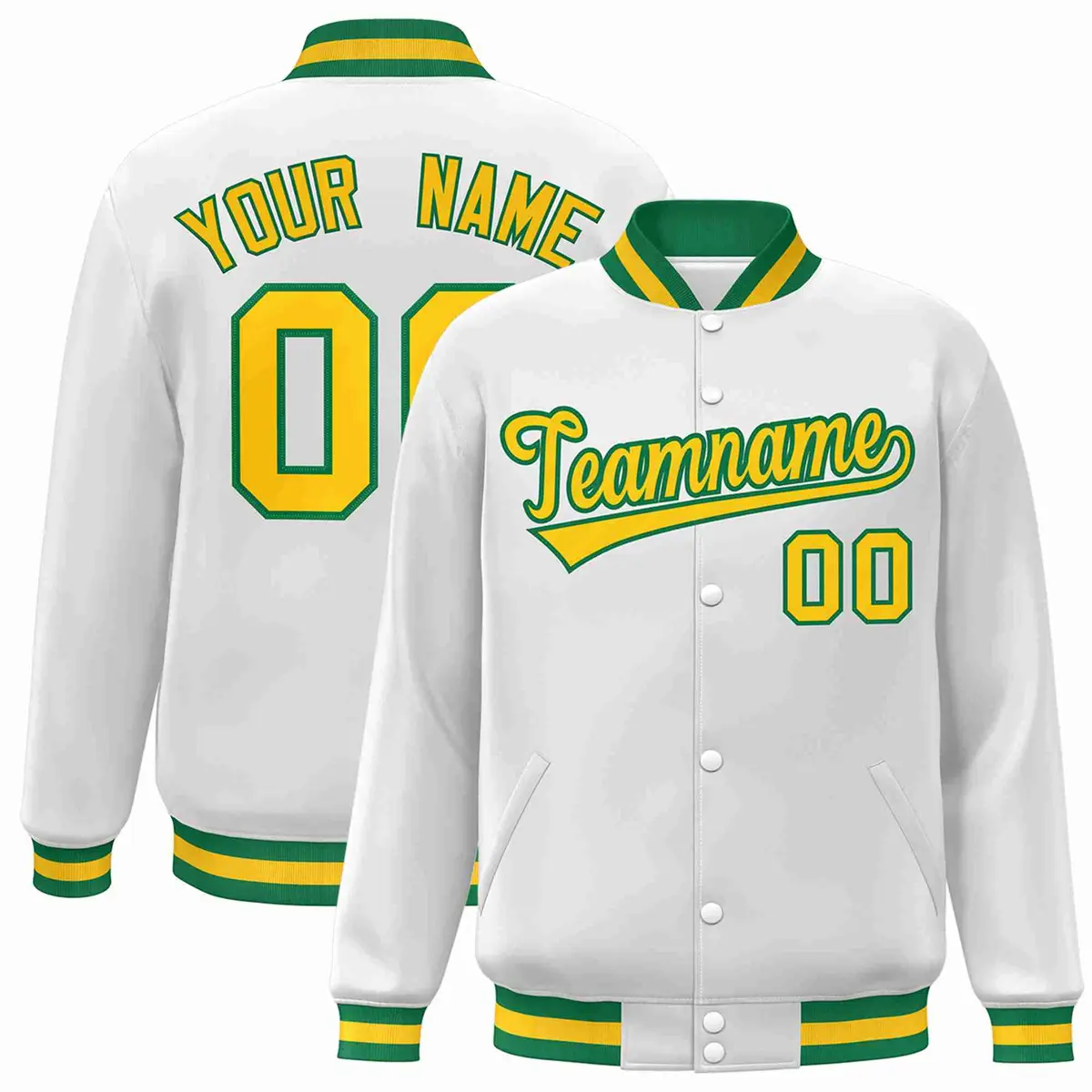 White Gold-Green Classic Varsity Full-Snap Letterman Jacket
