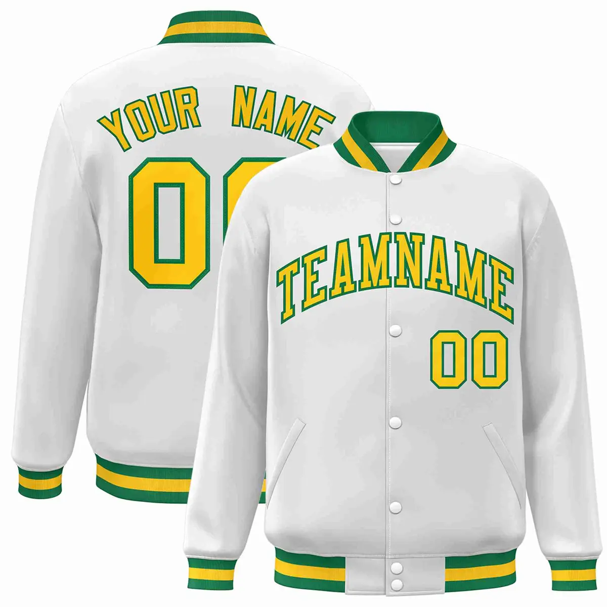 White Gold-Green Classic Varsity Full-Snap Letterman Jacket