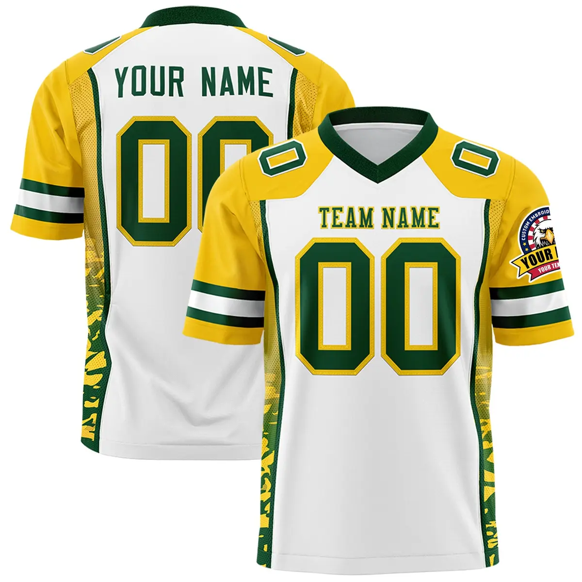 White Gold-Green Raglan Sleeves Side Pattern Football Jersey