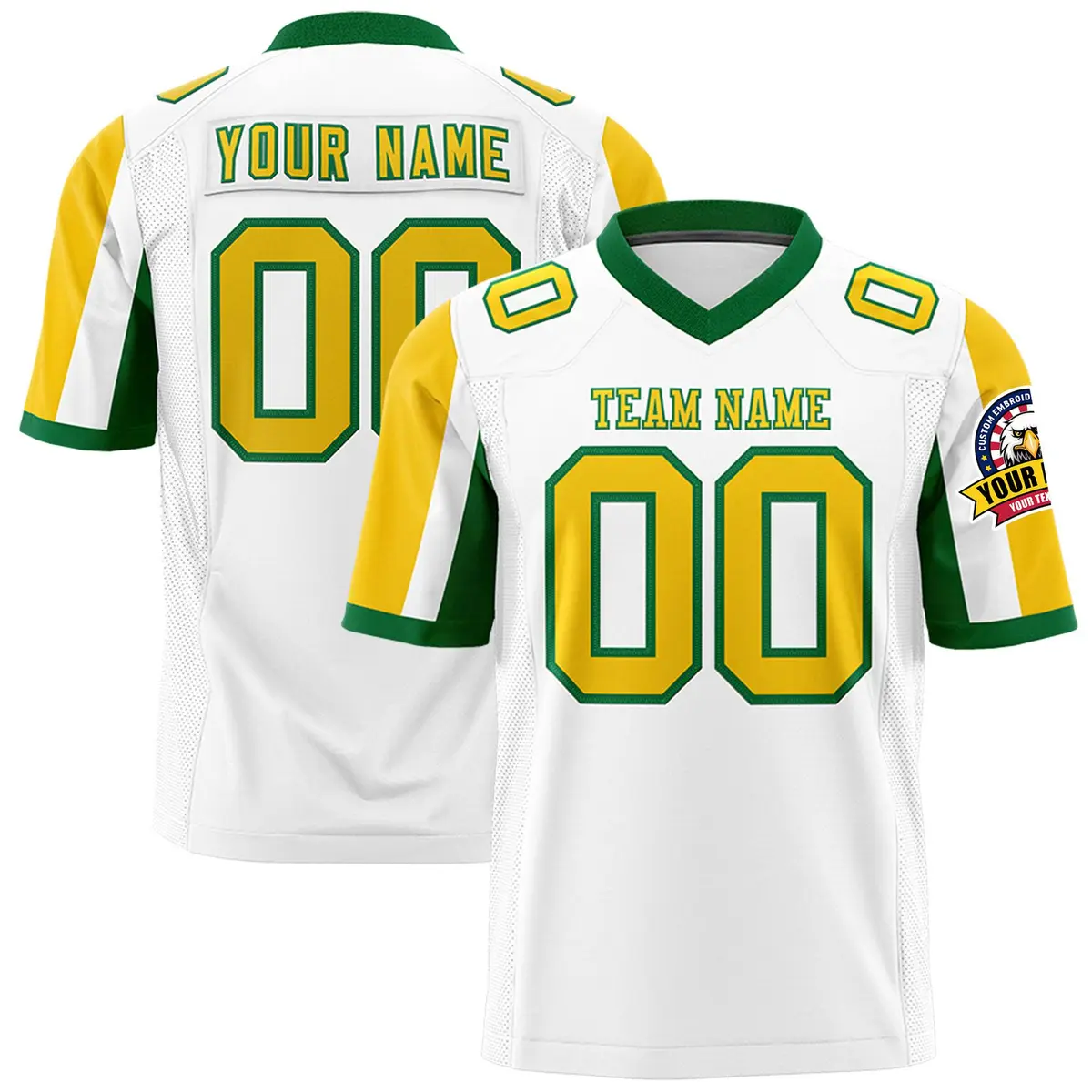 White Gold-Kelly Green Color Block Raglan Football Jersey