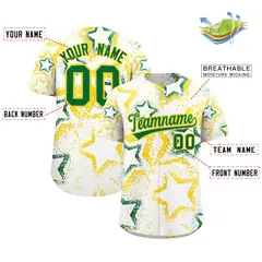 White Gold Kelly Green Star Ink Graffiti Baseball Jersey 2