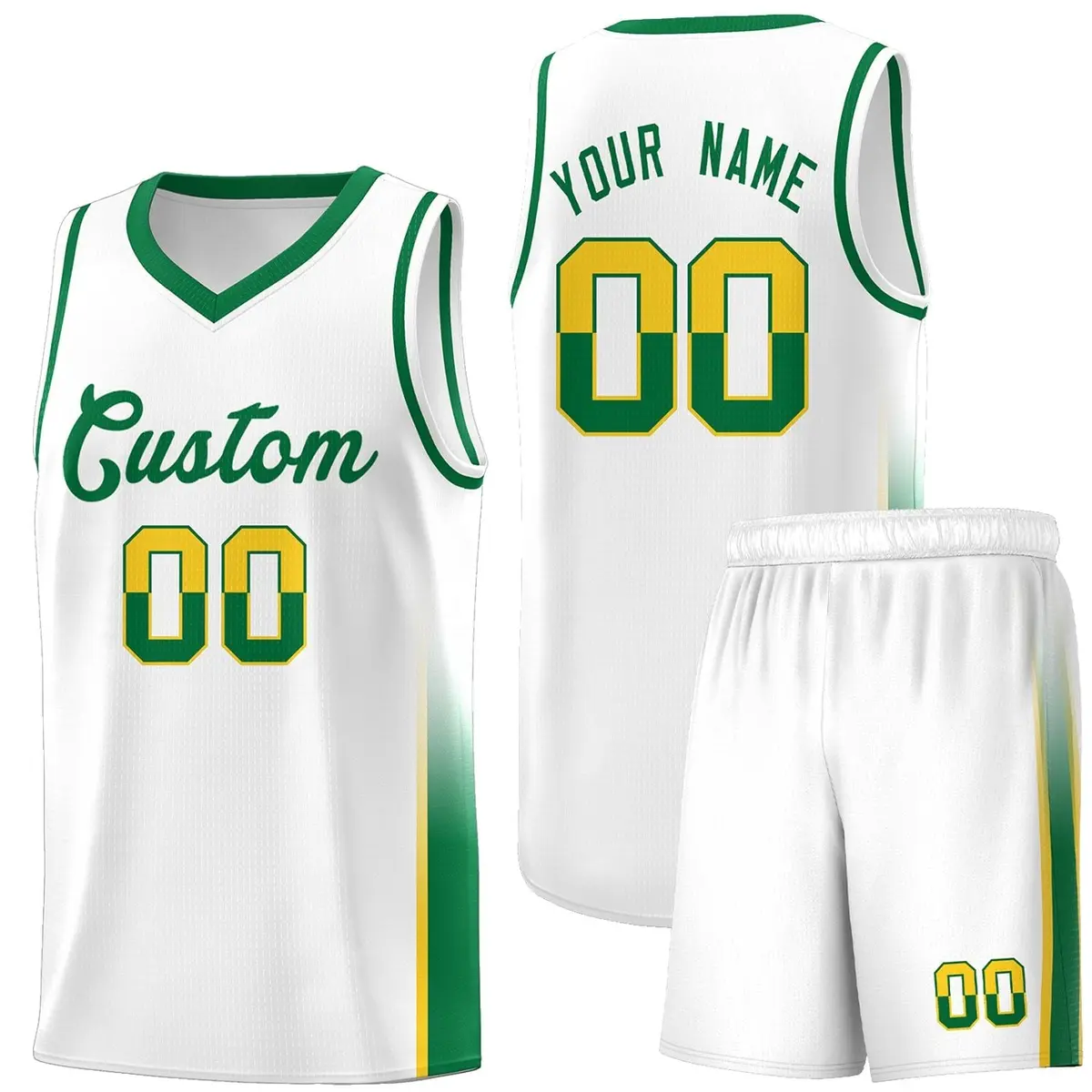 White Gold Kelly Green Two Tone Font Basketball Jersey